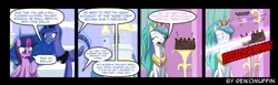 Size: 3328x1019 | Tagged: safe, artist:reikomuffin, derpibooru import, princess celestia, princess luna, twilight sparkle, twilight sparkle (alicorn), alicorn, pony, broken english, cakelestia, comic, crying, female, mare, trolluna