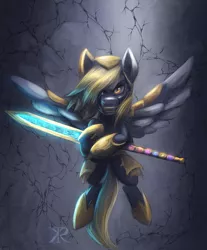 Size: 1606x1941 | Tagged: safe, artist:raikoh, derpibooru import, derpy hooves, pegasus, pony, epic, epic derpy, female, mare, solo, sword