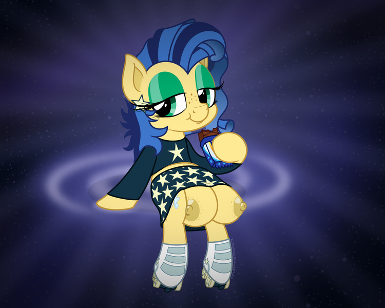 Size: 3750x3000 | Tagged: questionable, artist:zutheskunk, derpibooru import, oc, oc:milky way, unofficial characters only, earth pony, pony, .svg available, candy, crossover, crotchboobs, earring, eating, female, freckles, galaxy, galaxy girls, high res, impossibly large crotchboobs, makeup, mare, milky way and the galaxy girls, milky way bar, milky way galaxy, nipples, nudity, pun, roller skates, solo, solo female, vector, visual pun