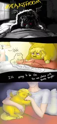 Size: 900x1950 | Tagged: artist:shadysmarty, bed, crying, derpibooru import, fluffy pony, hugbox, human, night, safe, snuggling, source needed, thunder