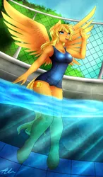 Size: 1024x1759 | Tagged: alicorn, alicorn oc, anthro, anthro oc, artist:astatos-luna, clothes, derpibooru import, oc, oc:ticket, one-piece swimsuit, safe, school swimsuit, solo, swimming pool, swimsuit, titcket, unofficial characters only