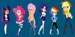 Size: 2159x1063 | Tagged: safe, artist:annasabi101, derpibooru import, applejack, fluttershy, pinkie pie, rainbow dash, rarity, twilight sparkle, human, clothes swap, humanized, image, jpeg, light skin, mane six, simple background, solo, transparent background