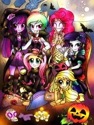 Size: 905x1200 | Tagged: safe, artist:shikimaakemi, derpibooru import, applejack, fluttershy, pinkie pie, rainbow dash, rarity, twilight sparkle, equestria girls, candle, clothes, costume, female, halloween, holiday, humane five, humane six, implied twidash, jack-o-lantern, lesbian, nightmare night, pumpkin, shipping, twidash