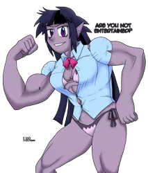 Size: 1000x1173 | Tagged: suggestive, artist:advanceddefense, derpibooru import, twilight sparkle, twilight unbound, equestria girls, bikini, breasts, buff breasts, button popping, clothes, commission, female, fetish, flexing, humanized, muscle fetish, muscles, pony coloring, popped button, pov, solo, solo female, swimsuit, twilight muscle, wardrobe malfunction, werelight shine