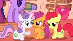 Size: 1280x720 | Tagged: apple bloom, cutie mark crusaders, derpibooru import, edit, edited screencap, glare, golden oaks library, grin, pun, qt, qt mark, qt mark crusaders, safe, scootaloo, screencap, sitting, smiling, smirk, sweetie belle, the show stoppers, twilight sparkle, visual pun