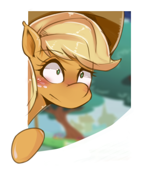 Size: 500x573 | Tagged: applejack, artist:hua, blushing, derpibooru import, fourth wall, frame, out of frame, safe, solo