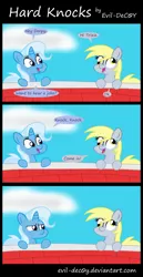 Size: 1450x2800 | Tagged: safe, artist:evil-dec0y, derpibooru import, derpy hooves, trixie, pegasus, pony, unicorn, comic, cute, derp, duo, duo female, female, frown, glare, knock knock joke, leaning, mare, open mouth, smiling, unamused