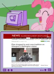 Size: 563x770 | Tagged: bbc, bbc news, derpibooru import, exploitable meme, glasgow, meme, obligatory pony, pinkie pie, safe, scotland, traffic cone, tv meme, wellington statue