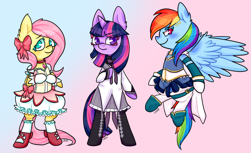 Size: 1200x735 | Tagged: safe, artist:soullessteddybear, derpibooru import, fluttershy, rainbow dash, twilight sparkle, pony, anime, bipedal, clothes, cosplay, puella magi madoka magica