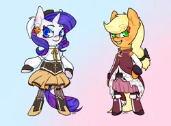 Size: 1000x735 | Tagged: safe, artist:soullessteddybear, derpibooru import, applejack, rarity, cosplay, puella magi madoka magica