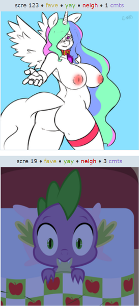 Size: 440x966 | Tagged: anthro, armpits, artist:dreikaze, ass, breasts, busty princess celestia, chubby, chubbylestia, clothes, collar, derpibooru, derpibooru import, exploitable meme, fat, female, inverted nipples, juxtaposition, juxtaposition win, meme, meta, nipples, nudity, plump, princess celestia, questionable, solo, solo female, spike, stockings, thigh highs