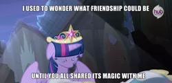 Size: 637x306 | Tagged: big crown thingy, confirmed legit, crying, deadlestia, derpibooru import, egoraptor thread, hubble, hub logo, hub network, image macro, impact font, princess celestia, sad, safe, season 4, text, twilight sparkle, twilight sparkle (alicorn)