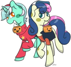 Size: 604x567 | Tagged: artist:soullessteddybear, bon bon, clothes, costume, crossover, derpibooru import, gravity falls, halloween, lyra heartstrings, nightmare night, pumpkin bucket, safe, simple background, summerween, sweetie drops, transparent background, trick or treat