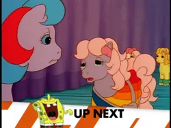 Size: 400x300 | Tagged: safe, derpibooru import, edit, screencap, baby lickety split, baby lofty, buttons (g1), earth pony, pony, g1, my little pony: the movie (g1), angry, crossover, crying, female, image, inappropriate timing spongebob banner, mare, meme, png, sad, spongebob laughs at your misery, spongebob squarepants, spongebob squarepants (character)