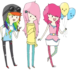 Size: 862x792 | Tagged: adventure time, artist:soullessteddybear, aviator hat, balloon, clothes, crossover, derpibooru import, fluttershy, helmet, human, humanized, light skin, old pilot helmet, pinkie pie, rainbow dash, safe, style emulation, sweater, sweatershy