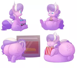 Size: 1740x1560 | Tagged: safe, artist:secretgoombaman12345, derpibooru import, diamond tiara, earth pony, pony, ask chubby diamond, belly, belly button, burger, chubby, chubby diamond, cute, diabetes, diamond buttiara, eating, fat, ice cream, immobile, morbidly obese, obese, plot, popcorn, simple background, tumblr, weight gain, white background