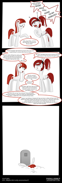 Size: 1024x3000 | Tagged: safe, artist:parallaxmlp, derpibooru import, ponified, earth pony, pegasus, pony, comic, google, google plus drama, google+, grave, gravestone, implied death, implied murder, youtube