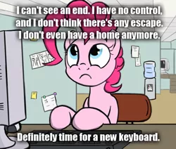 Size: 650x550 | Tagged: artist:flavinbagel, bait and switch, broken keyboard, computer, derpibooru import, inverted mouth, meme, office, office pinkie, pinkie pie, pun, safe, solo