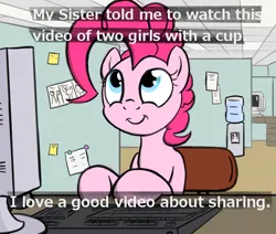 Size: 650x550 | Tagged: 2 girls 1 cup, artist:flavinbagel, caption, computer, derpibooru import, female, meme, office, office pinkie, pinkie pie, solo, solo female, suggestive, this will end in tears, this will not end well