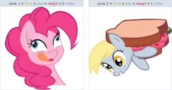 Size: 519x272 | Tagged: safe, derpibooru import, derpy hooves, pinkie pie, pegasus, pony, exploitable meme, female, implied cannibalism, juxtaposition, juxtaposition win, mare, meme, sandwich, tongue out