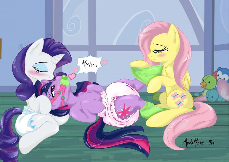 Size: 1280x906 | Tagged: adult foal, ageplay, artist:kyokimute, ballgag, blushing, bondage, clothes, derpibooru import, diaper, diaper bondage, diaper fetish, flarilight, fluttershy, gag, group sex, heart, hornjob, incorrect leg anatomy, infantilism, pacifier, pacifier gag, poofy diaper, questionable, rarity, sex, stockings, threesome, twilight sparkle