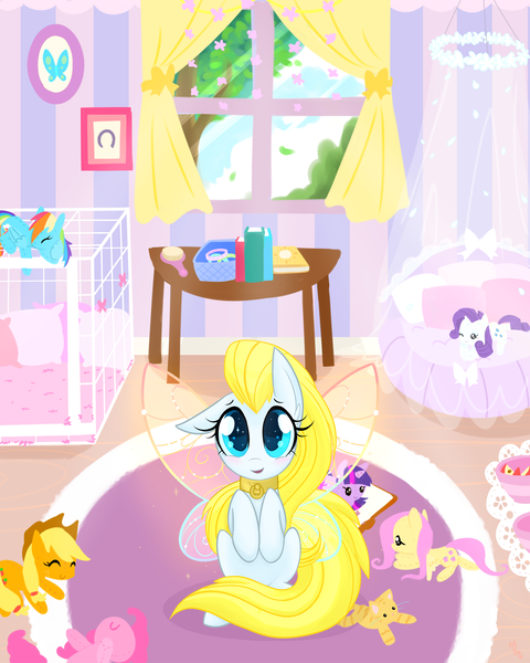 Size: 2500x3125 | Tagged: applejack, artist:meekcheep, book, brush, cat, collar, cushion, cute, derpibooru import, doll, flutter pony, fluttershy, mane six, oc, oc:sunbasker, pet, pinkie pie, plushie, rainbow dash, rarity, rug, safe, solo, table, toy, tree, twilight sparkle, window