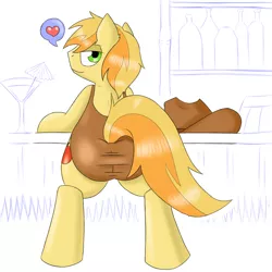 Size: 1000x1000 | Tagged: bedroom eyes, braeburn, braebutt, clothes, cowboy hat, derpibooru import, hat, heart, looking at you, looking back, looking back at you, male, one-piece swimsuit, plot, smiling, smiling at you, solo, solo male, suggestive, swimsuit
