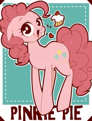 Size: 599x784 | Tagged: safe, artist:umeguru, derpibooru import, pinkie pie, earth pony, pony, cupcake, eating, messy eating, pixiv, solo