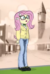 Size: 627x920 | Tagged: suggestive, artist:carnifex, derpibooru import, edit, fluttershy, human, equestria girls, accident, blushing, clothes, embarrassed, flutternerd, glasses, humanized, jeans, nerd, pants, pissing, pony coloring, solo, sweater, sweatershy, urine, wet, wetting