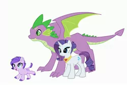 Size: 4500x3000 | Tagged: safe, artist:kianamai, derpibooru import, rarity, spike, oc, oc:crystal clarity, dracony, pony, unicorn, kilalaverse, female, fire ruby, hair bun, interspecies offspring, male, mare, next generation, offspring, parent:rarity, parent:spike, parents:sparity, quadrupedal spike, shipping, simple background, sparity, straight, trio, white background, winged spike