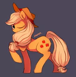 Size: 1465x1495 | Tagged: applejack, artist:maren, derpibooru import, one eye closed, pixiv, raised hoof, safe, simple background, solo, wink