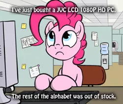 Size: 650x550 | Tagged: safe, artist:flavinbagel, derpibooru import, pinkie pie, computer, meme, office, office pinkie, solo