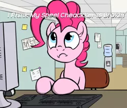 Size: 650x550 | Tagged: safe, artist:flavinbagel, derpibooru import, pinkie pie, computer, meme, office, office pinkie, solo