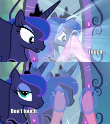 Size: 720x810 | Tagged: safe, derpibooru import, edit, edited screencap, screencap, pinkie pie, princess luna, alicorn, earth pony, pony, equestria girls, equestria girls (movie), frown, i'm your biggest fanatic, looking at you, luna is not amused, magic, magic mirror, spongebob squarepants, telekinesis, unamused, wide eyes