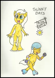 Size: 600x848 | Tagged: safe, artist:rdk, derpibooru import, sunny daze, anthro, earth pony, unguligrade anthro, the show stoppers, barbie doll anatomy, eyes closed, featureless crotch, female, helmet, nudity, roller skates, skating, traditional art