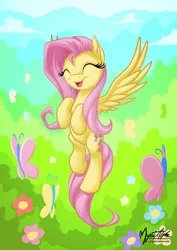 Size: 724x1023 | Tagged: artist:mysticalpha, butterfly, cute, derpibooru import, fluttershy, happy, safe, shyabetes, solo