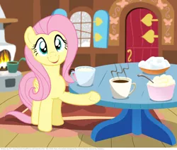 Size: 1024x872 | Tagged: artist:kturtle, derpibooru import, fluttershy, food, hot chocolate, marshmallows, safe, solo, table, whipped cream