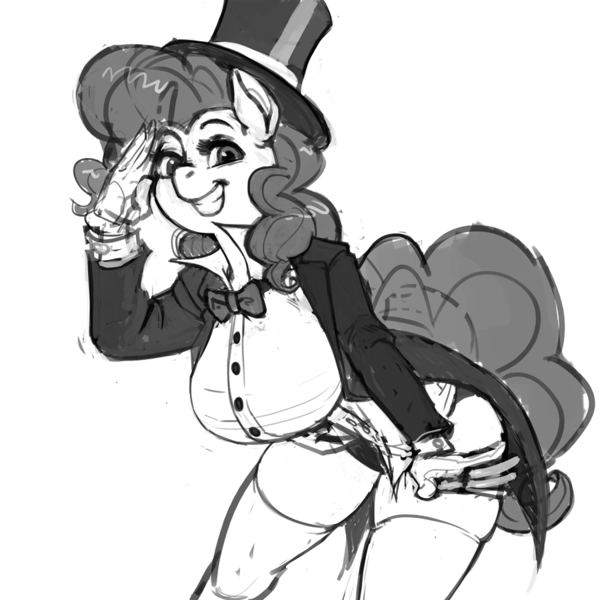 Size: 900x900 | Tagged: safe, artist:kevinsano, derpibooru import, pinkie pie, anthro, bowtie, breasts, busty pinkie pie, clothes, dapper, female, gloves, grayscale, hat, magician outfit, monochrome, solo, tailcoat, top hat