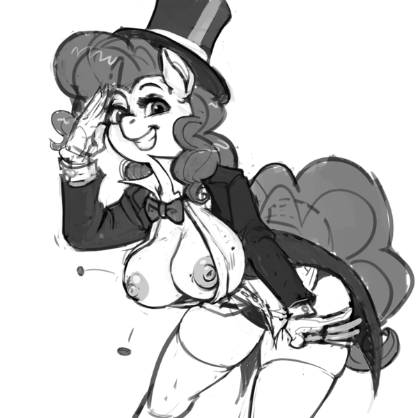 Size: 900x900 | Tagged: questionable, alternate version, artist:kevinsano, derpibooru import, pinkie pie, anthro, bowtie, breasts, busty pinkie pie, button popping, clothes, dapper, female, gloves, grayscale, hat, magician outfit, monochrome, nipples, nudity, open clothes, popped button, solo, solo female, stupid sexy pinkie, tailcoat, top hat, wardrobe malfunction