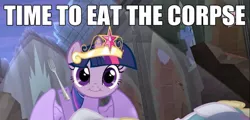 Size: 1274x612 | Tagged: safe, derpibooru import, princess celestia, twilight sparkle, twilight sparkle (alicorn), alicorn, pony, season 4, cannibalism, cute, cute face, dark comedy, deadlestia, female, hub logo, image macro, mare, meme, omnivore twilight, twiface