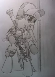 Size: 613x856 | Tagged: safe, artist:equestrianmarine, derpibooru import, rainbow dash, pegasus, pony, semi-anthro, ar15, assault rifle, at4, bipedal, cap, eotech, female, glasses, gun, hat, hmd, holographic sight, mare, monochrome, rifle, simple background, soldier, solo, sunglasses, traditional art, weapon
