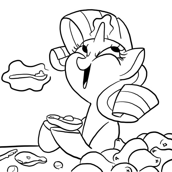 Size: 1600x1600 | Tagged: safe, artist:docwario, derpibooru import, rarity, unicorn, avocado, eating, female, happy, magic, mare, monochrome, solo, spoon