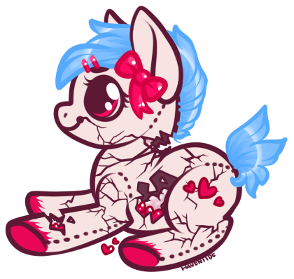 Size: 420x398 | Tagged: safe, artist:haventide, derpibooru import, oc, unofficial characters only, earth pony, pony, bow, broken, female, hairclip, mare, plushie, solo