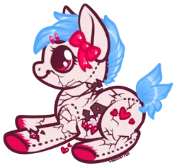 Size: 420x398 | Tagged: safe, artist:haventide, derpibooru import, oc, unofficial characters only, earth pony, pony, bow, broken, female, hairclip, mare, plushie, solo