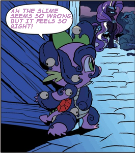 Size: 265x301 | Tagged: artist:amy mebberson, camouflage slug, edit, idw, interspecies, nightmare rarity, out of context, speech bubble, spike, suggestive, text edit, wat