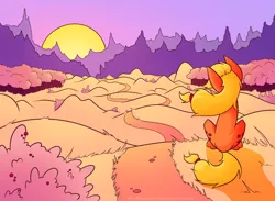 Size: 2250x1650 | Tagged: applejack, artist:faikie, mountain, mountain range, safe, scenery, sitting, solo, sunset