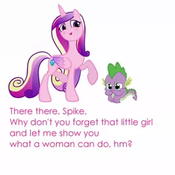 Size: 1200x1200 | Tagged: age difference, blushing, crying, derpibooru import, female, implied foalcon, male, princess cadance, raised leg, sad, shipping, simple background, spike, spikedance, straight, suggestive, text, vector, white background