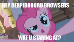 Size: 1280x720 | Tagged: bronybait, derpibooru, derpibooru import, fourth wall, image macro, meta, pinkie pie, safe, solo, stare, staring into your soul, stop it