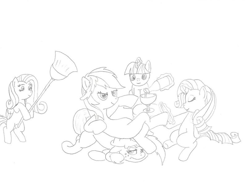 Size: 1036x772 | Tagged: safe, artist:linedraweer, derpibooru import, applejack, fluttershy, pinkie pie, rainbow dash, rarity, twilight sparkle, appledash, female, flutterdash, harem, lesbian, monochrome, rainbow dash gets all the mares, raridash, shipping, twidash