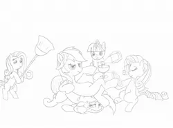 Size: 1036x772 | Tagged: safe, artist:linedraweer, derpibooru import, applejack, fluttershy, pinkie pie, rainbow dash, rarity, twilight sparkle, appledash, female, flutterdash, harem, lesbian, monochrome, rainbow dash gets all the mares, raridash, shipping, twidash